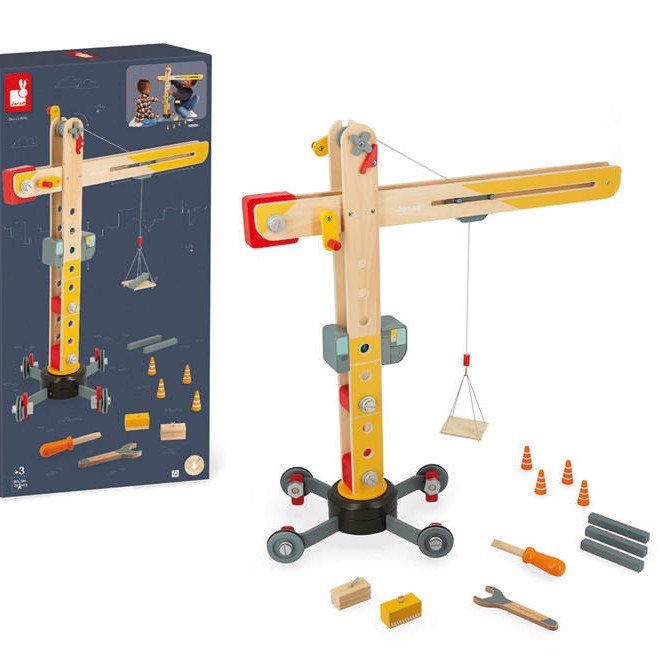 Janod Drewniany Dźwig Budowlany z Narzędziami 3+
