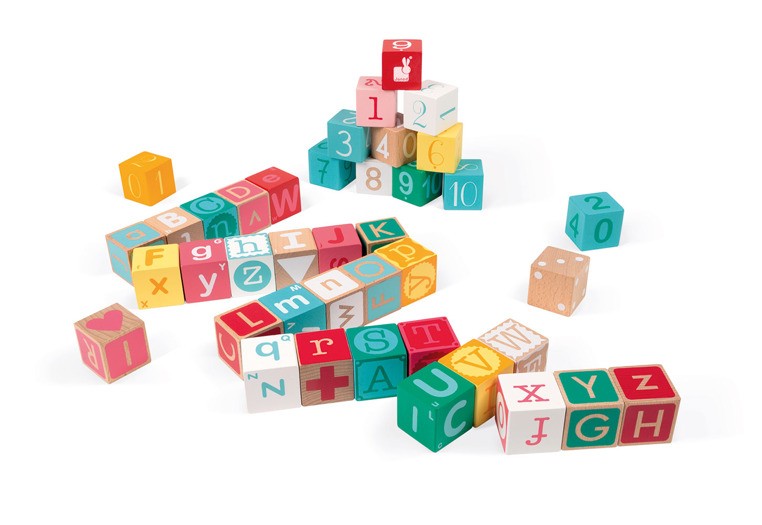 Janod Klocki Drewniane Kubix 40 sztuk Litery i Cyfry 3+