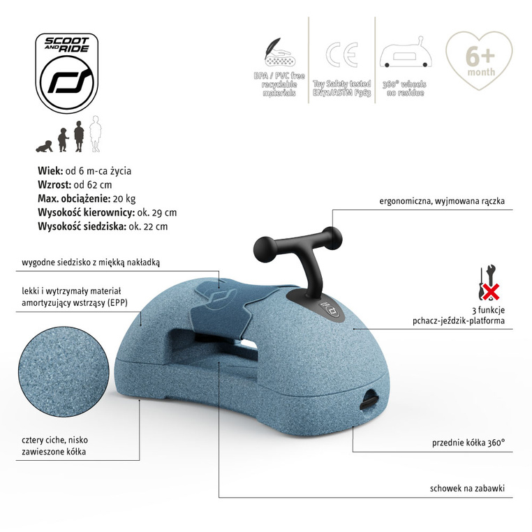 SCOOTANDRIDE My First Ewolucyjny jeździk pchacz 3w1 6 m+ Steel