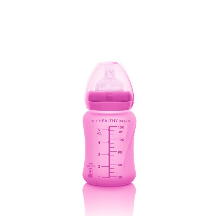 Everyday Baby, Szklana butelka ze smoczkiem S reagująca na temperaturę, 150 ml - wiśniowa