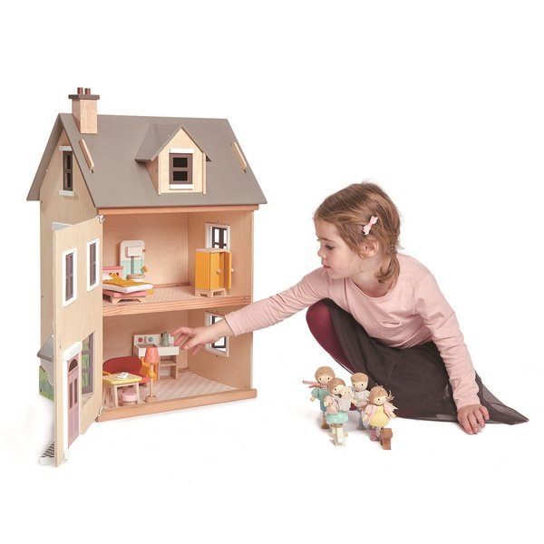 Tender Leaf Toys, Drewniany trzypiętrowy domek dla lalek z wyposażeniem