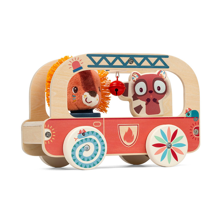 Lilliputiens – Drewniany wózek do ciągnięcia Wóz strażacki Lew Jack - zabawka edukacyjna dla dzieci 12 m+