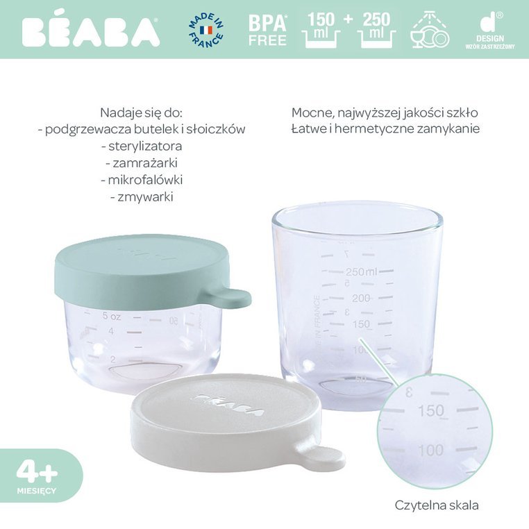 Beaba, Zestaw pojemników słoiczków szklanych z hermetycznym zamknięciem 150 + 250 ml airy green i light mist