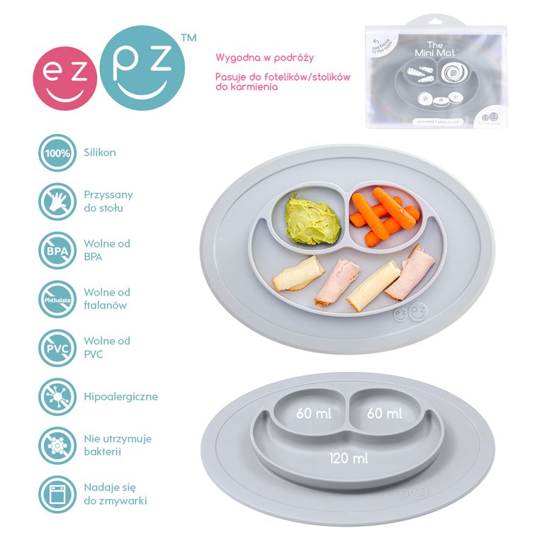 EZPZ Silikonowy talerzyk z podkładką Mini Mat pastelowy szary