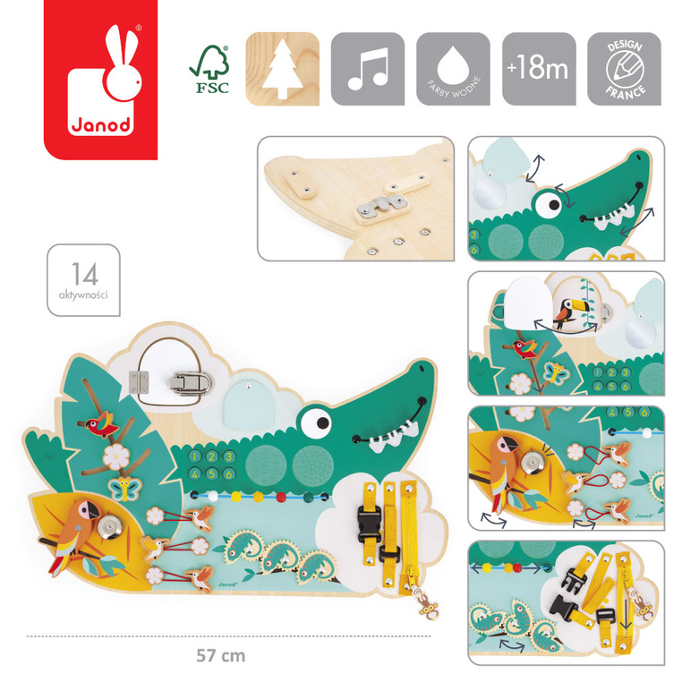 Janod Duża drewniana tablica manipulacyjna 14 aktywności Krokodyl Tropik 18m+