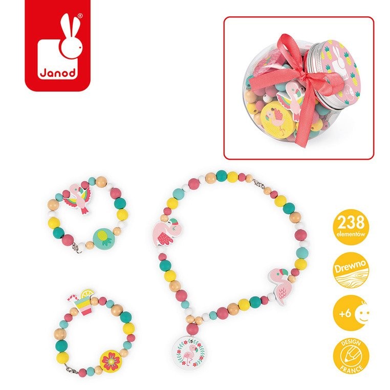 Janod Drewniane Koraliki Flamingi 6+ Zestaw Biżuterii