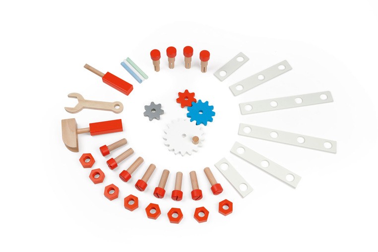 Janod, Stolik warsztat drewniany magnetyczny z 24 elementami Bricolo