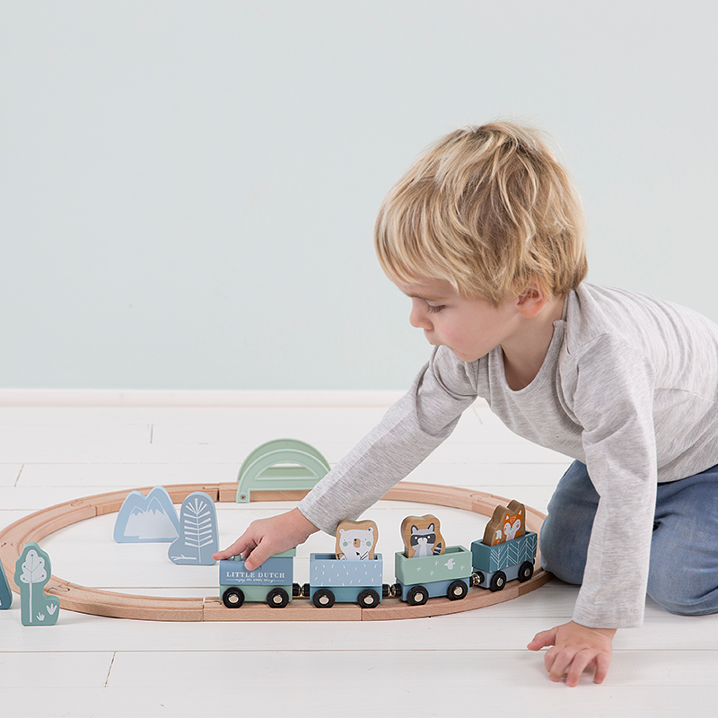 Little Dutch Pociąg z Torami Błękit - Drewniany 2+