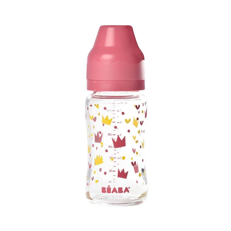 Beaba, Butelka szklana szerokootworowa 240 ml Yellow / Pink Crown