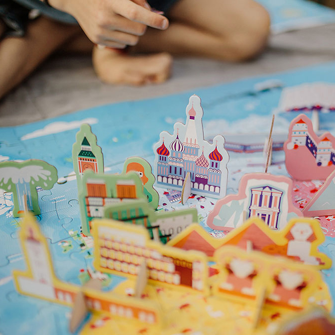 Janod, Puzzle edukacyjne z figurkami 3D Cuda świata 350 elementów 7 +