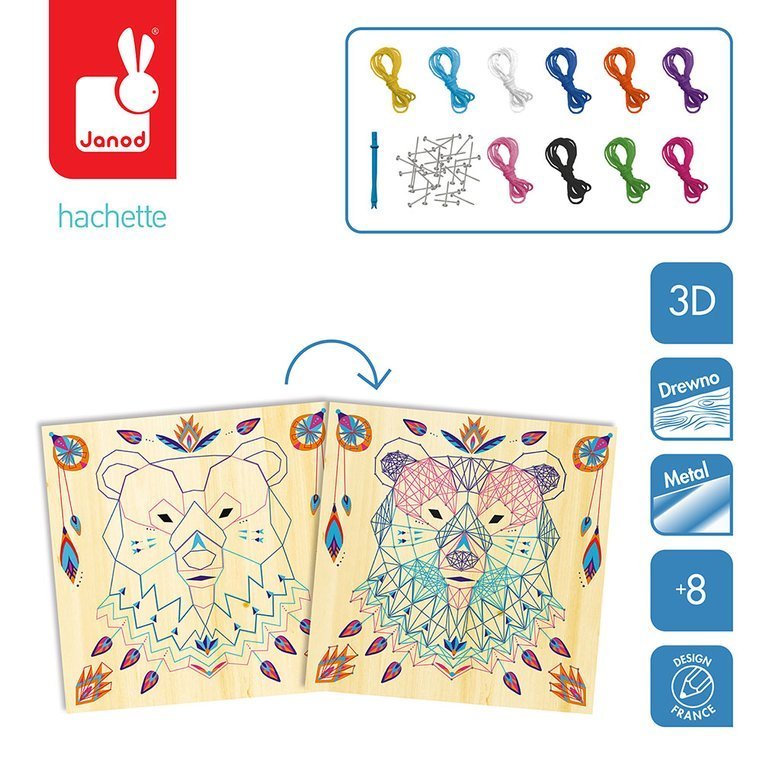 Janod Zestaw Kreatywny Przeplatanka 3D String Art Zwierzęta 8+