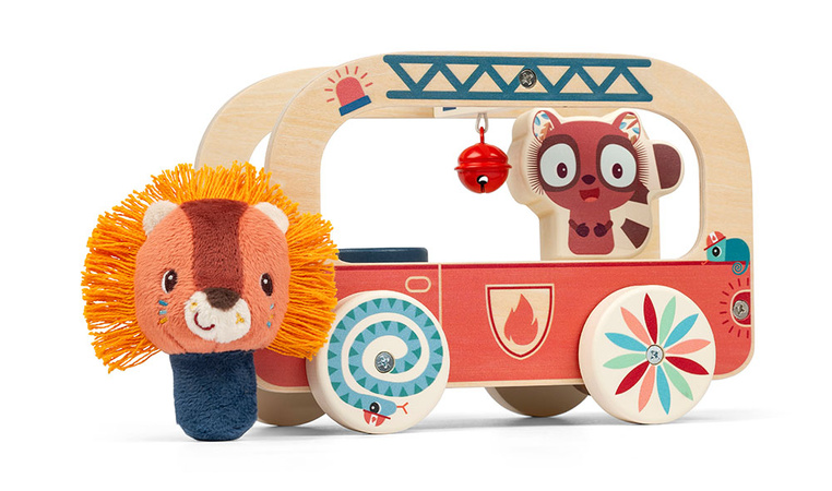 Lilliputiens – Drewniany wózek do ciągnięcia Wóz strażacki Lew Jack - zabawka edukacyjna dla dzieci 12 m+