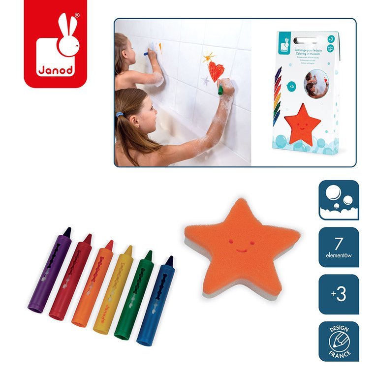 Janod, Kredki do kąpieli 6 kolorów z gąbką 3+