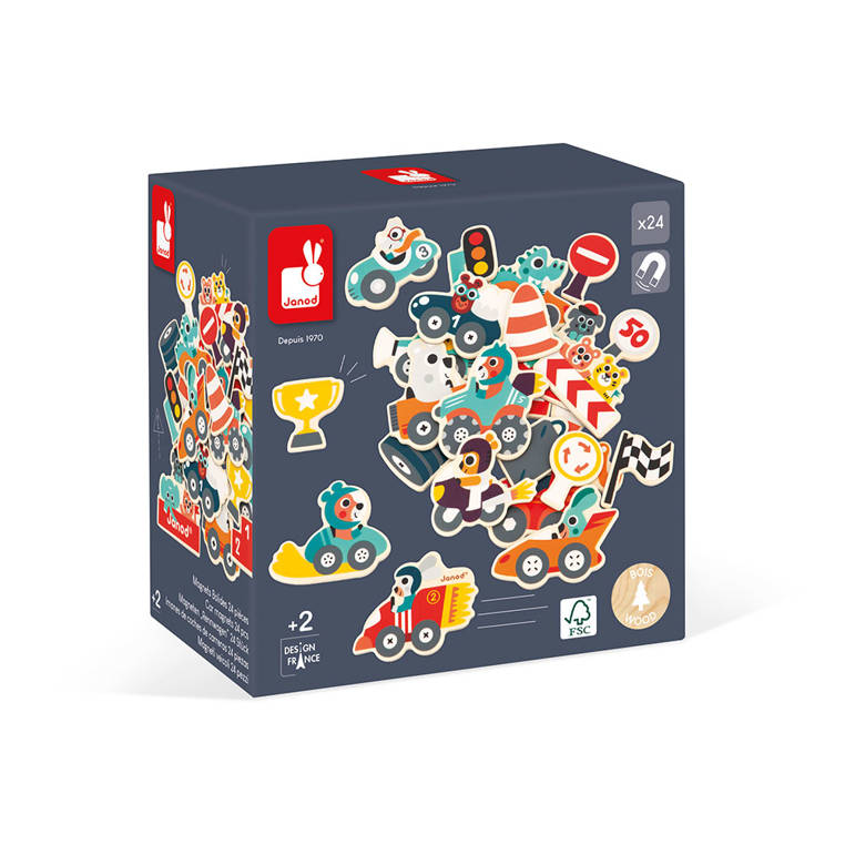 Janod Magnesy 24 szt Samochody Drewniane 2+