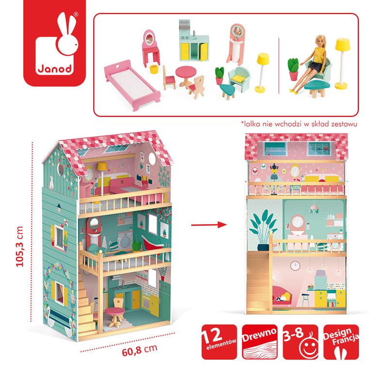 Janod Domek dla lalek XL Happy Day z 12 akcesoriami 3+