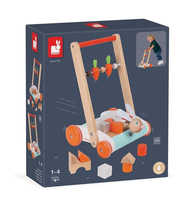 Janod Wózek pchacz Królik z 19 klockami 1+