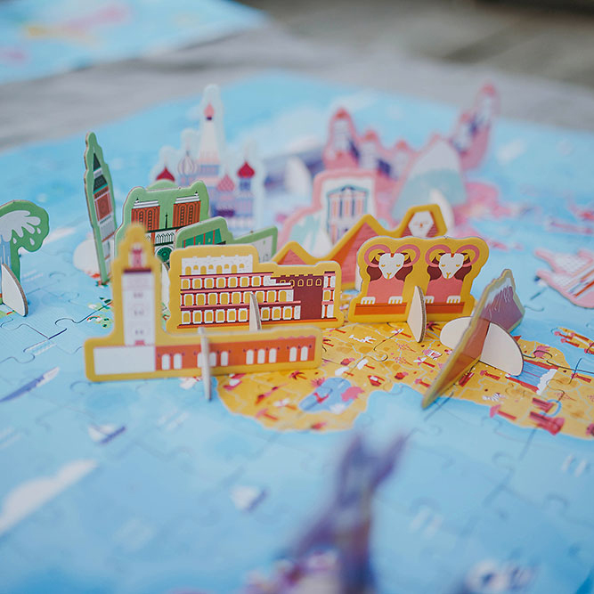 Janod, Puzzle edukacyjne z figurkami 3D Cuda świata 350 elementów 7 +