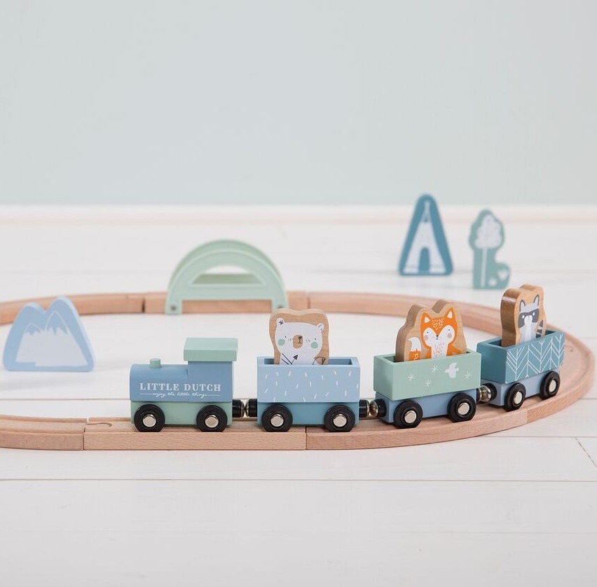 Little Dutch Pociąg z Torami Błękit - Drewniany 2+