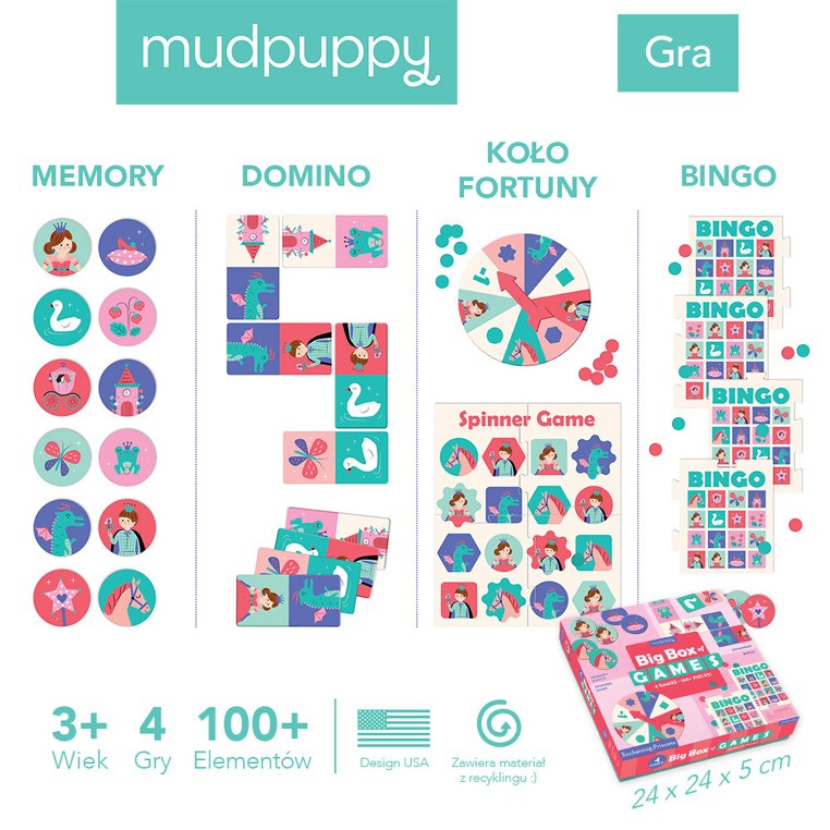Mudpuppy Zestaw 4 gier Księżniczka Memo Bingo Domino | 3+