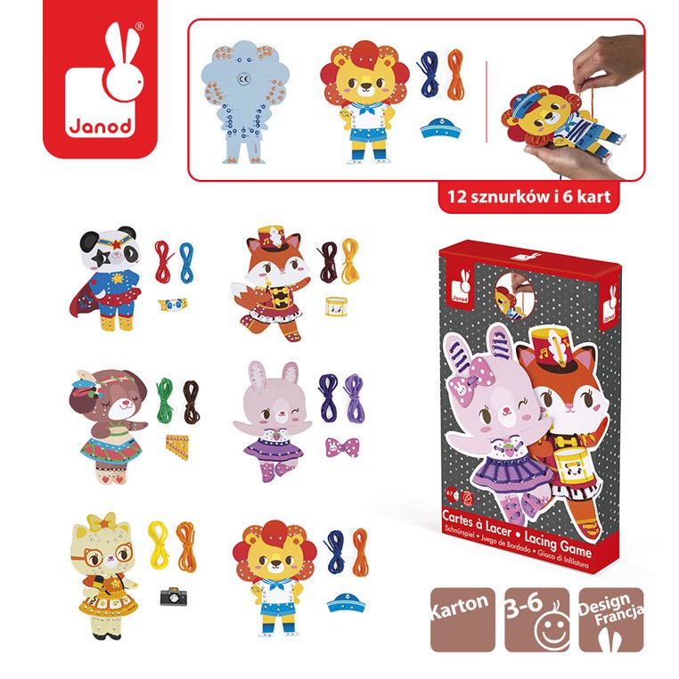 Janod Sznurowanka Kolorowe Zwierzątka 2+ | Drewniane Zabawki