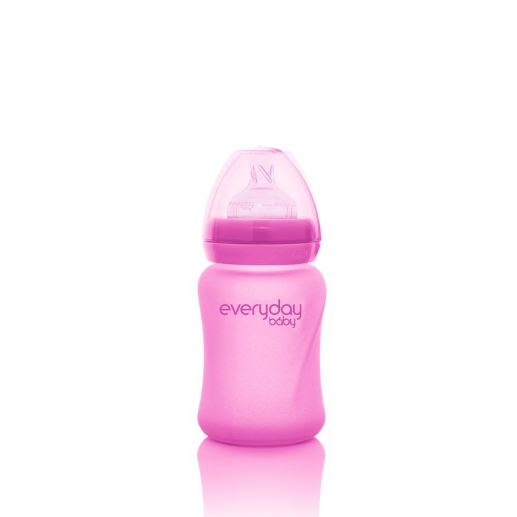 Everyday Baby, Szklana butelka ze smoczkiem S reagująca na temperaturę, 150 ml - wiśniowa