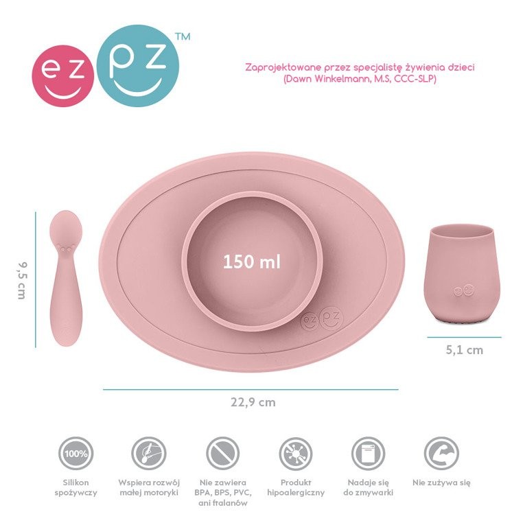 EZPZ Komplet naczyń silikonowych First Foods pastelowy róż 6m+