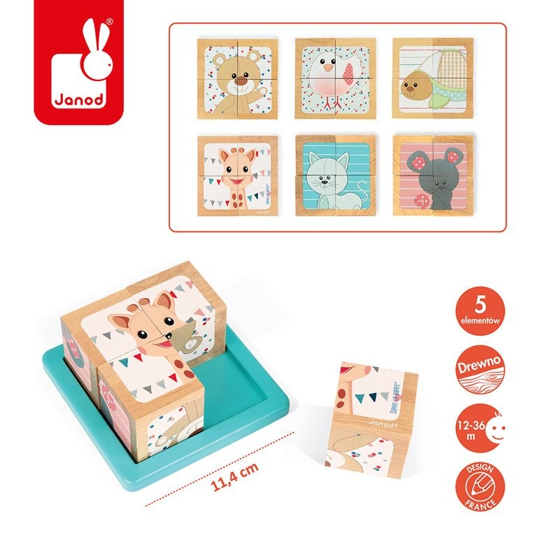 Janod Puzzle Klocki 6w1 Żyrafka Sophie 12m+