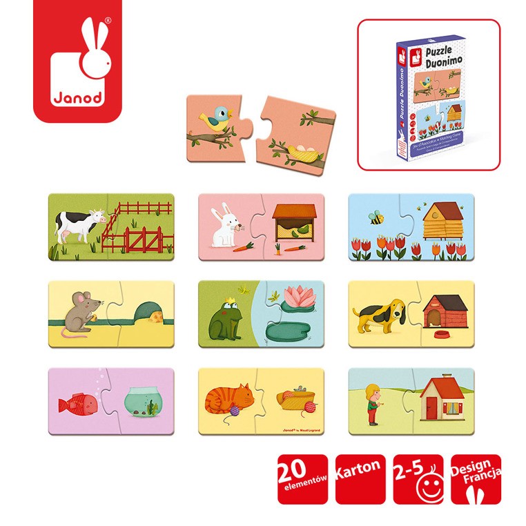 Janod Dwuczęściowe puzzle Zwierzęta i domki 20el 2+
