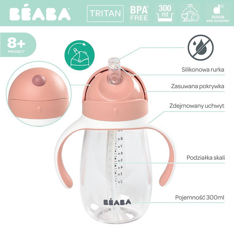 Beaba Kubek Niekapek ze Słomką 300 ml Old Pink 8m+