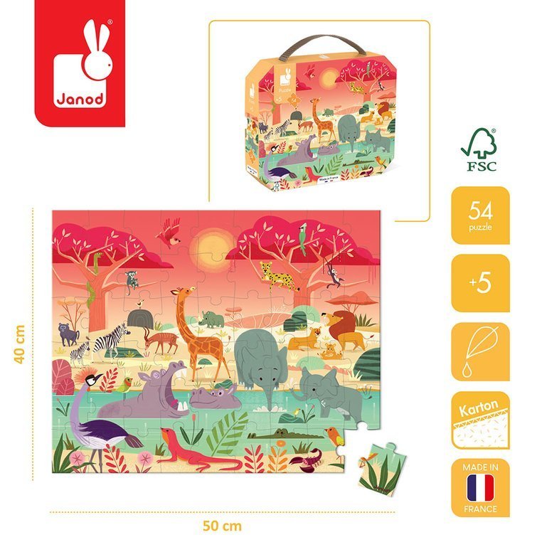 Janod, Puzzle w walizce Rezerwat zwierząt 54 elementy 5+