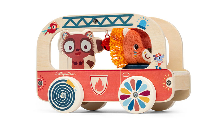 Lilliputiens – Drewniany wózek do ciągnięcia Wóz strażacki Lew Jack - zabawka edukacyjna dla dzieci 12 m+