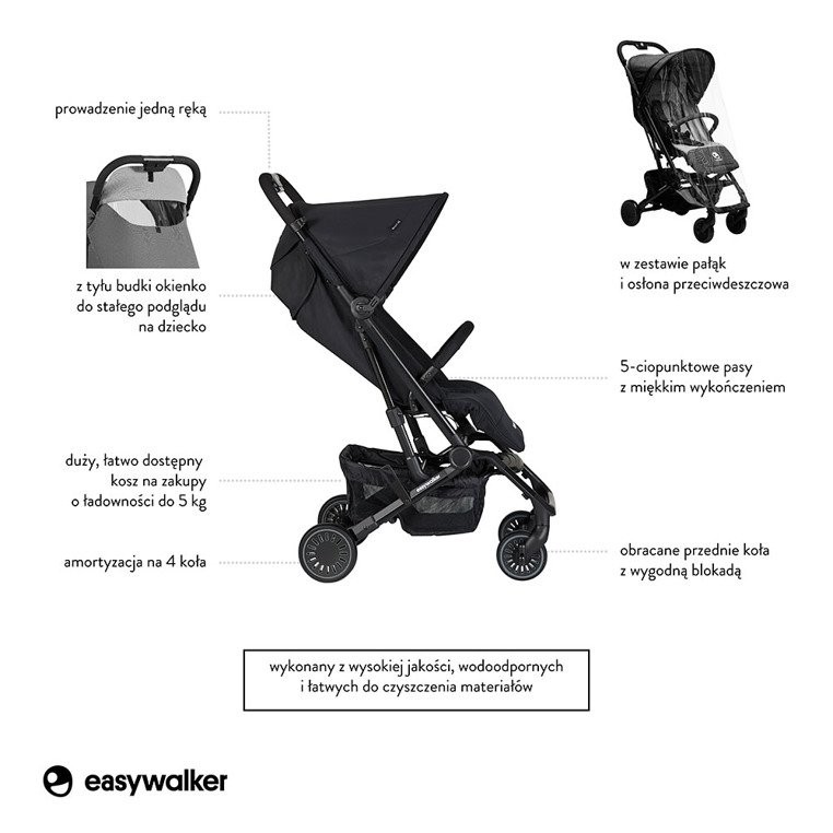 Easywalker Buggy XS Wózek spacerowy z osłonką przeciwdeszczową Night Black kolekcja 2019