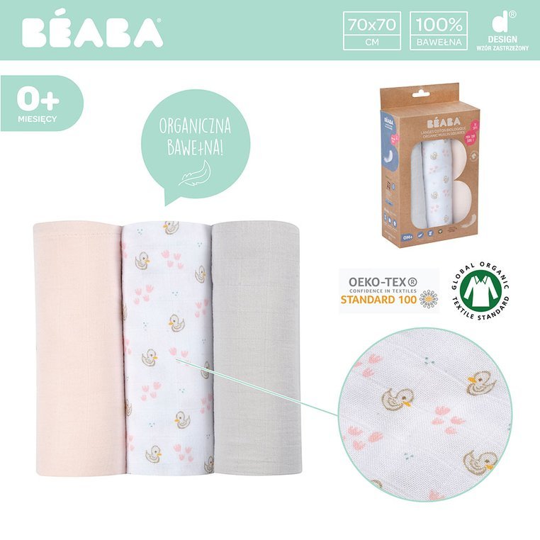 Beaba Muślinowe Pieluszki-Kocyki 70x70cm 3szt. Łabędź