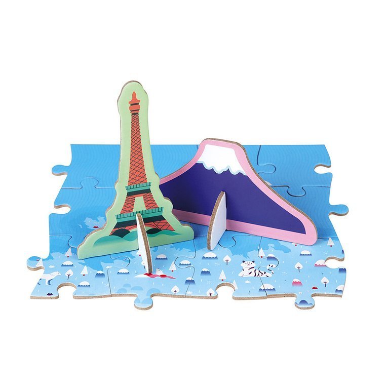 Janod, Puzzle edukacyjne z figurkami 3D Cuda świata 350 elementów 7 +