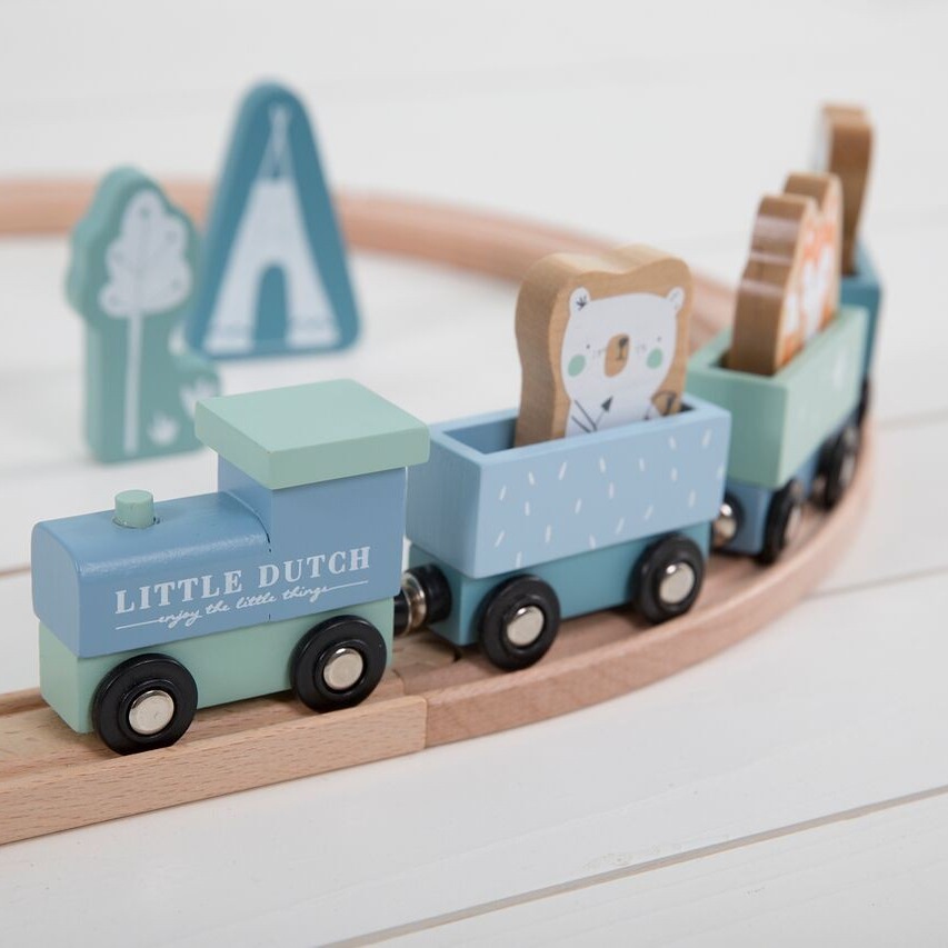 Little Dutch Pociąg z Torami Błękit - Drewniany 2+
