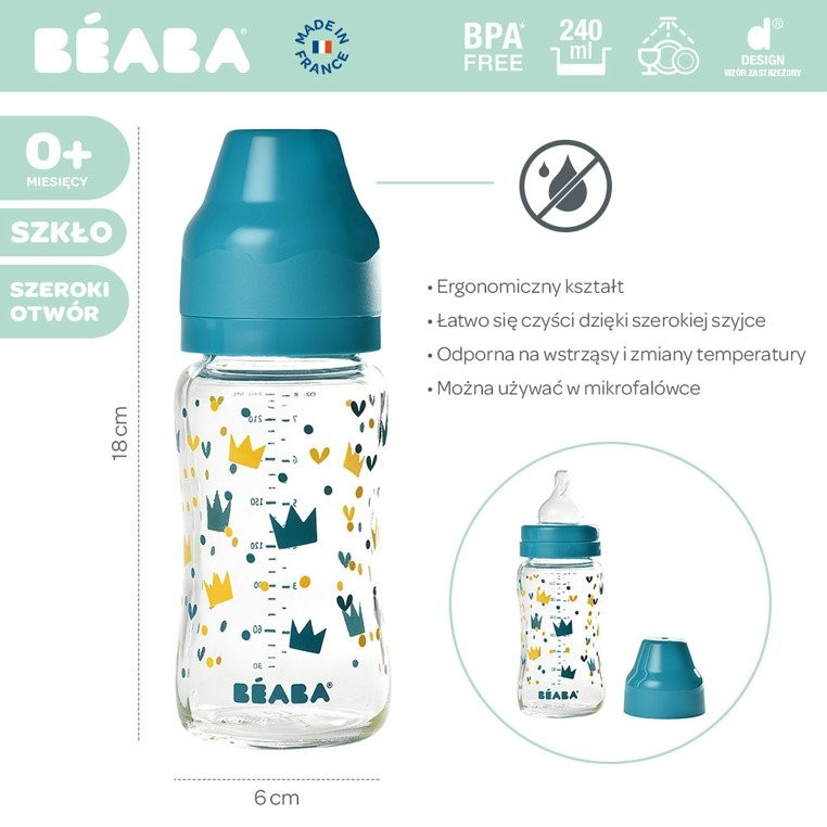 Beaba Butelka szklana 240 ml Yellow/Blue Crown 0m+
