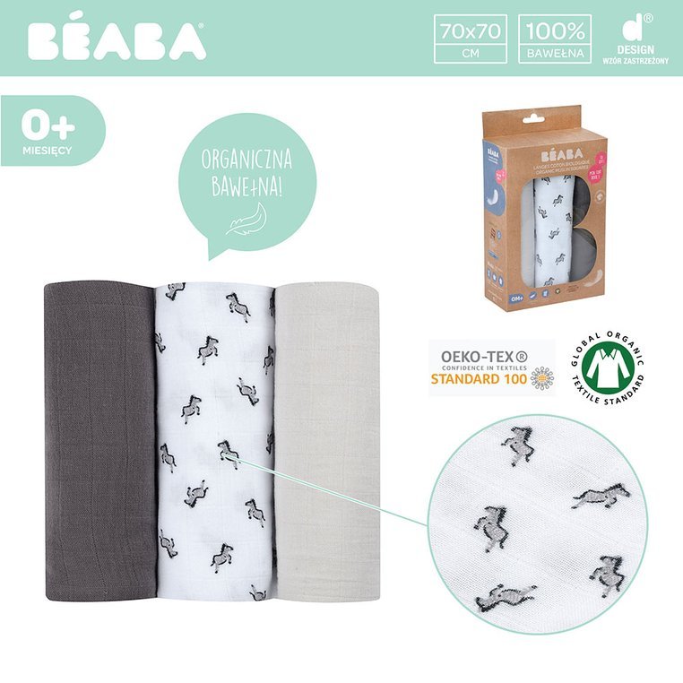 Beaba Muślinowe Pieluszki-Kocyki 70x70cm 3szt 0+
