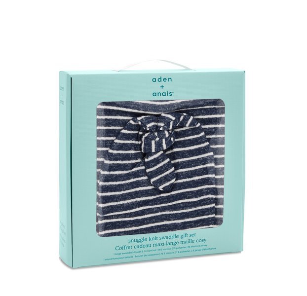 Aden & Anais Kocyk i Czapeczka Snuggle Knit Navy Stripe 0-3m