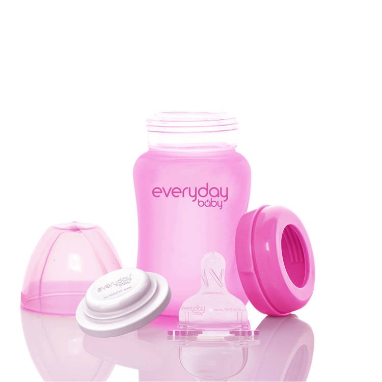 Everyday Baby, Szklana butelka ze smoczkiem S reagująca na temperaturę, 150 ml - wiśniowa