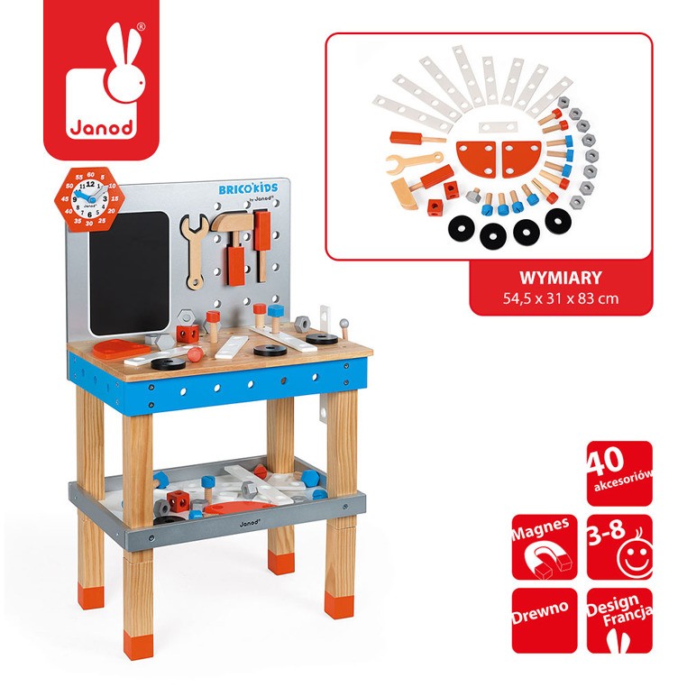 Janod, Stolik warsztatowy z 40 akcesoriami duży Brico ‘Kids