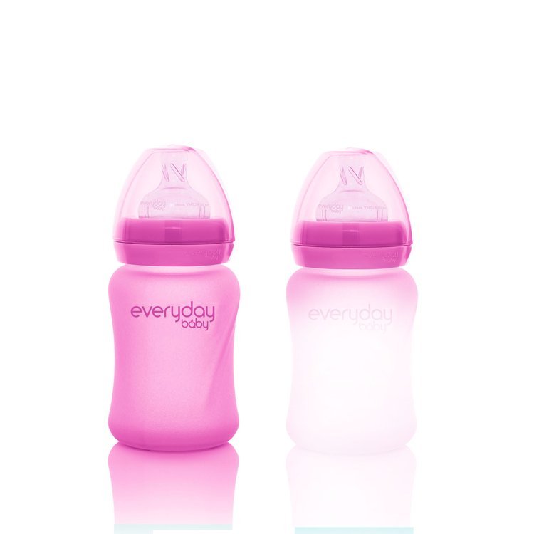 Everyday Baby, Szklana butelka ze smoczkiem S reagująca na temperaturę, 150 ml - wiśniowa