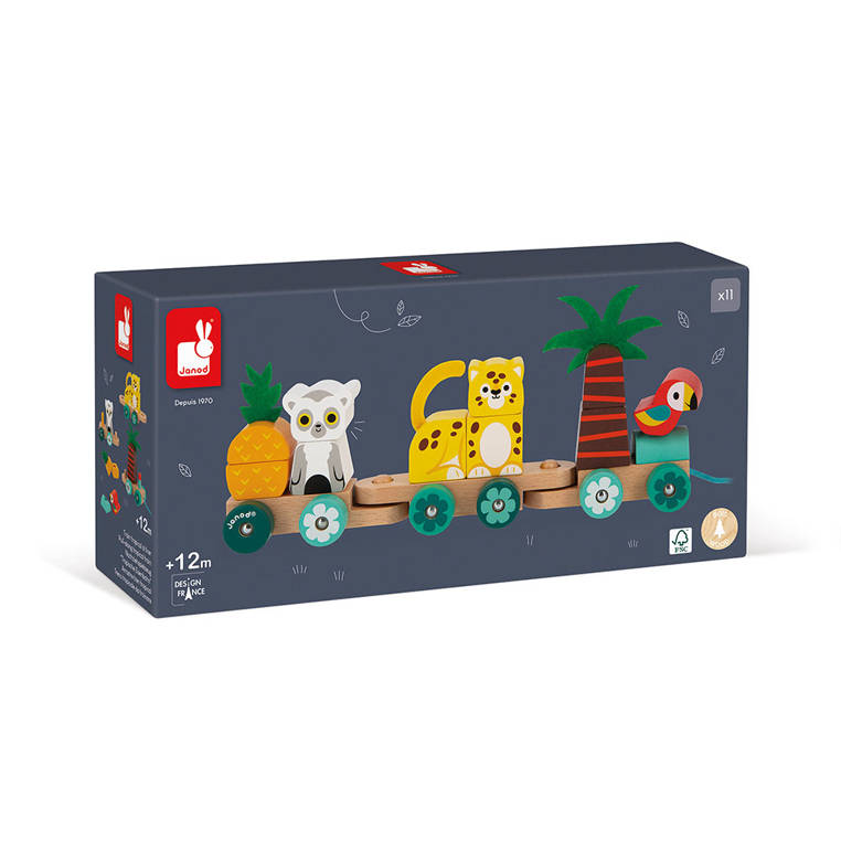 Janod Pociąg z klockami i zwierzątkami Tropik 12m+