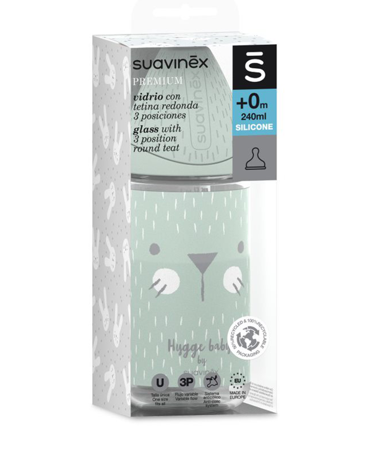 Suavinex Butelka szklana HYGGE 240ml kotek miętowy 0+