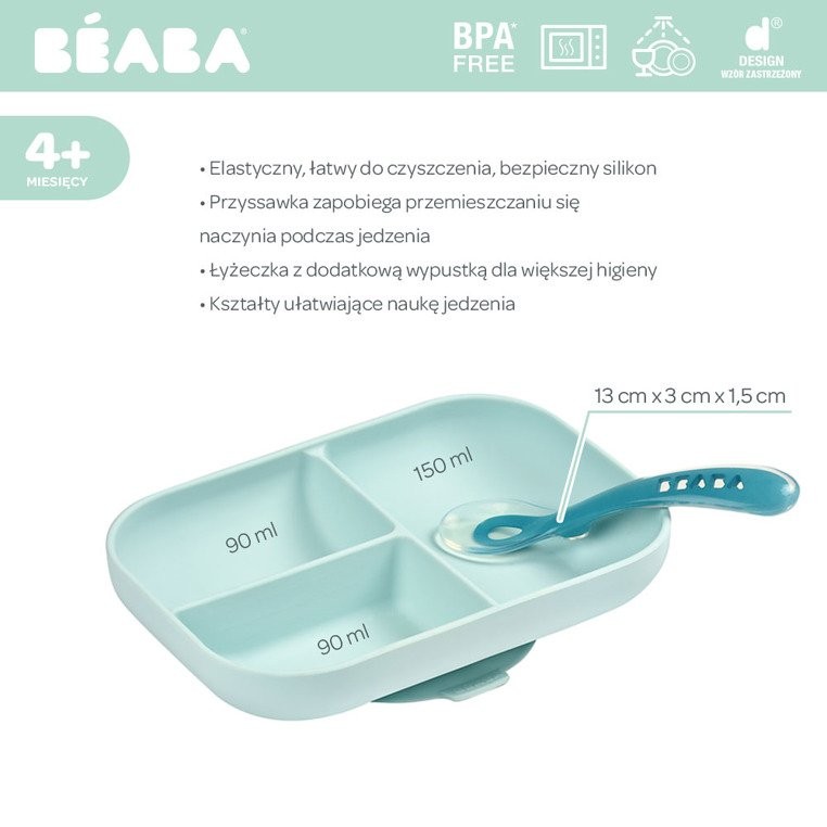 Beaba, Komplet naczyń z silikonu trójdzielny talerz z przyssawką + łyżeczka Blue