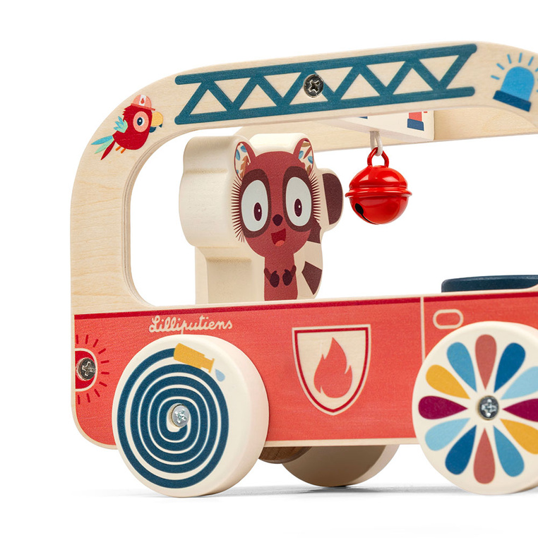 Lilliputiens – Drewniany wózek do ciągnięcia Wóz strażacki Lew Jack - zabawka edukacyjna dla dzieci 12 m+