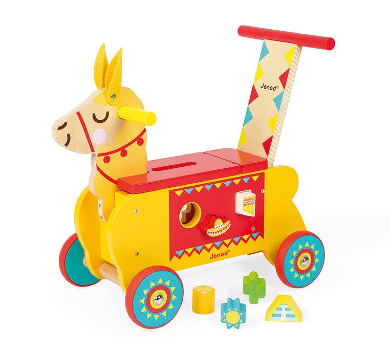 Janod, Jeździk i pchacz 2 w 1 z sorterem kształtów Lama