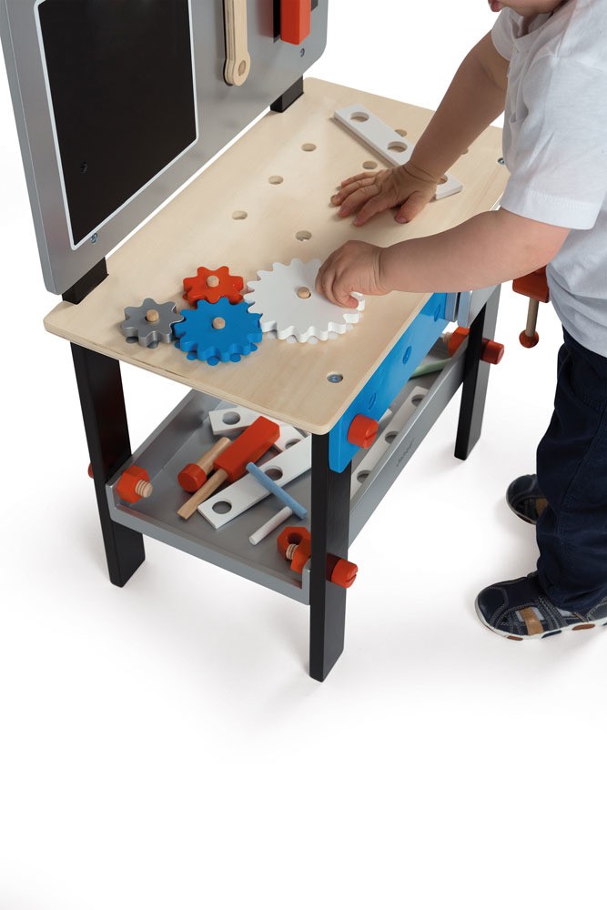 Janod, Stolik warsztat drewniany magnetyczny z 24 elementami Bricolo