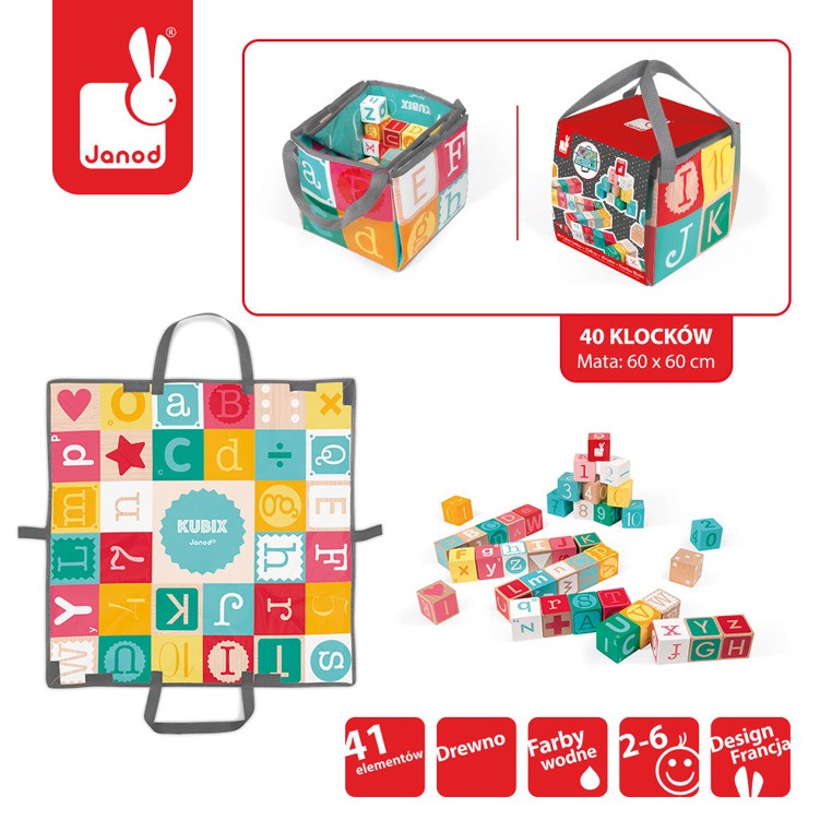 Janod Klocki Drewniane Kubix 40 sztuk Litery i Cyfry 3+