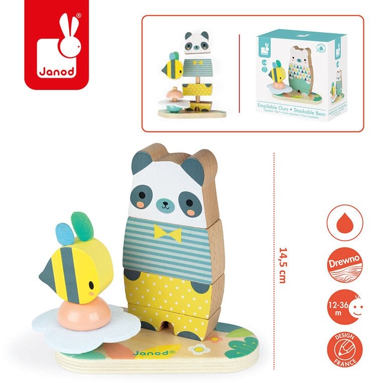 Janod Układanka Drewniana Piramida Miś Pure 12m+