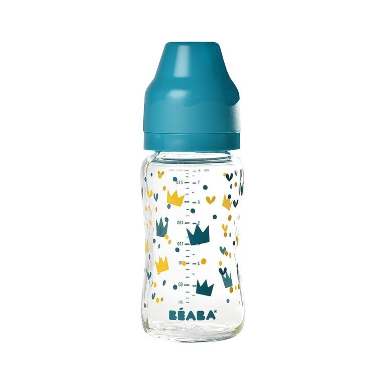 Beaba, Butelka szklana szerokootworowa 240 ml Yellow / Blue Crown
